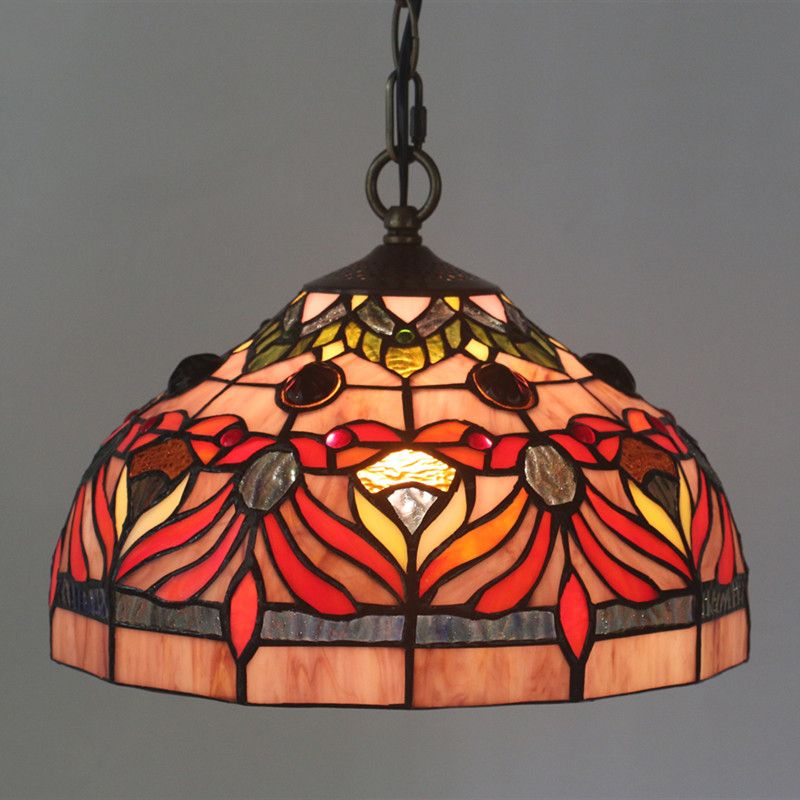 Bowl Shade Hanging Light Fixture Tiffany Stained Glass 1 Light Red Finish Drop Pendant for Dining Room