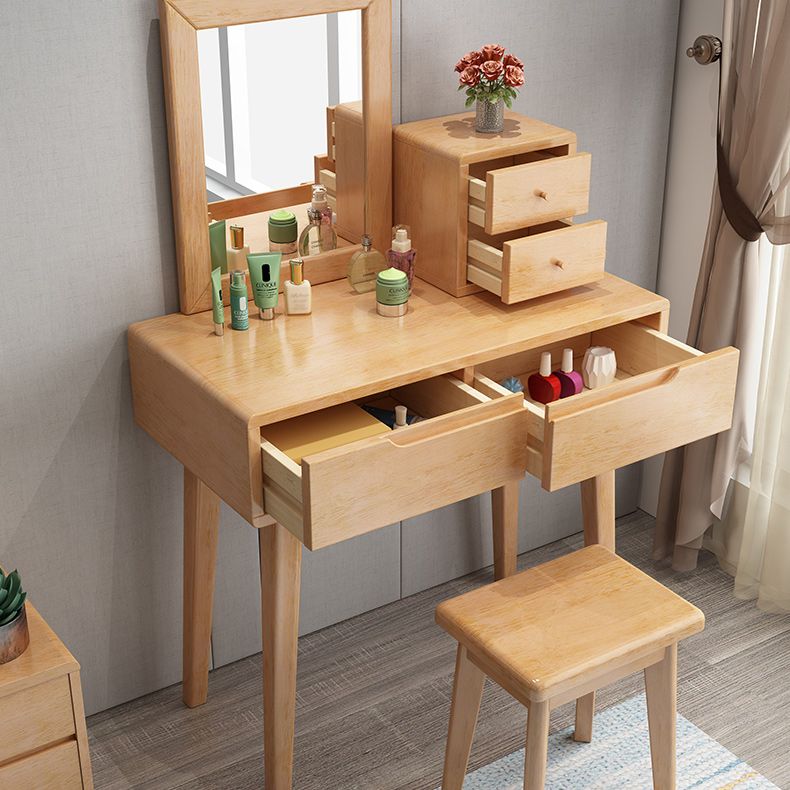 Contemporary Solid Wood Makeup Table Vanity Stool with Drawers and Mirror