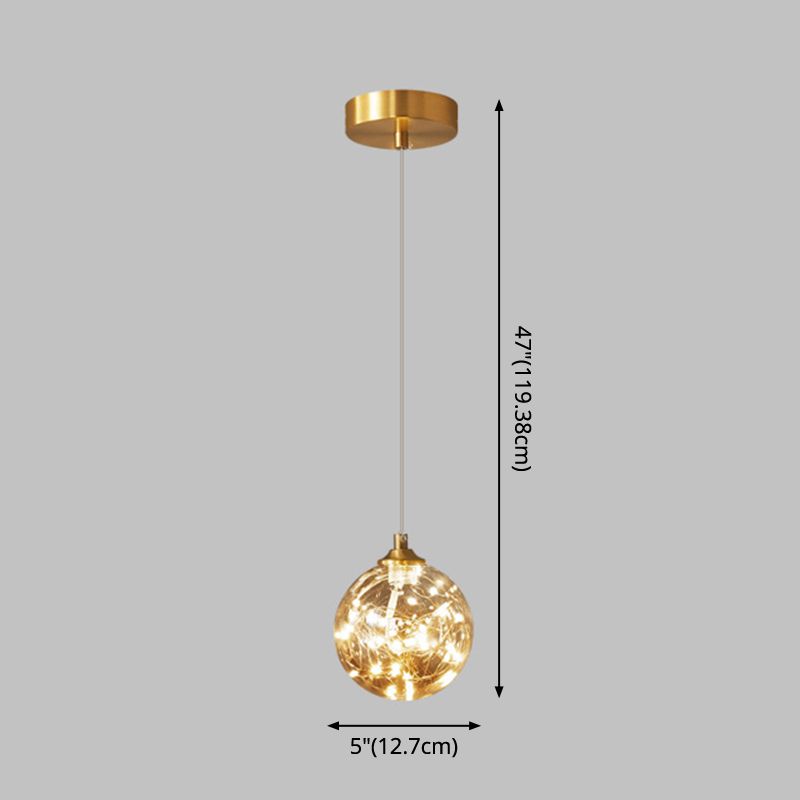 Lámpara de suspensión global de acabado de latón Nordic Amber Glass Led Starry Pends Lighting for Bedroom