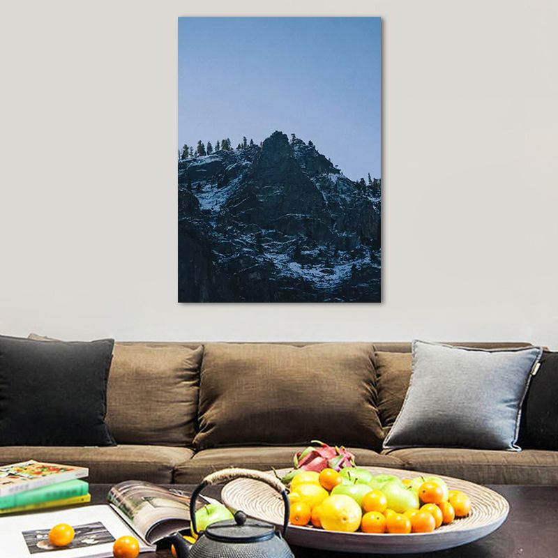 Dreary Mountain Landscape Canvas Wall Art for Living Room, Dark Blue, Textured Surface