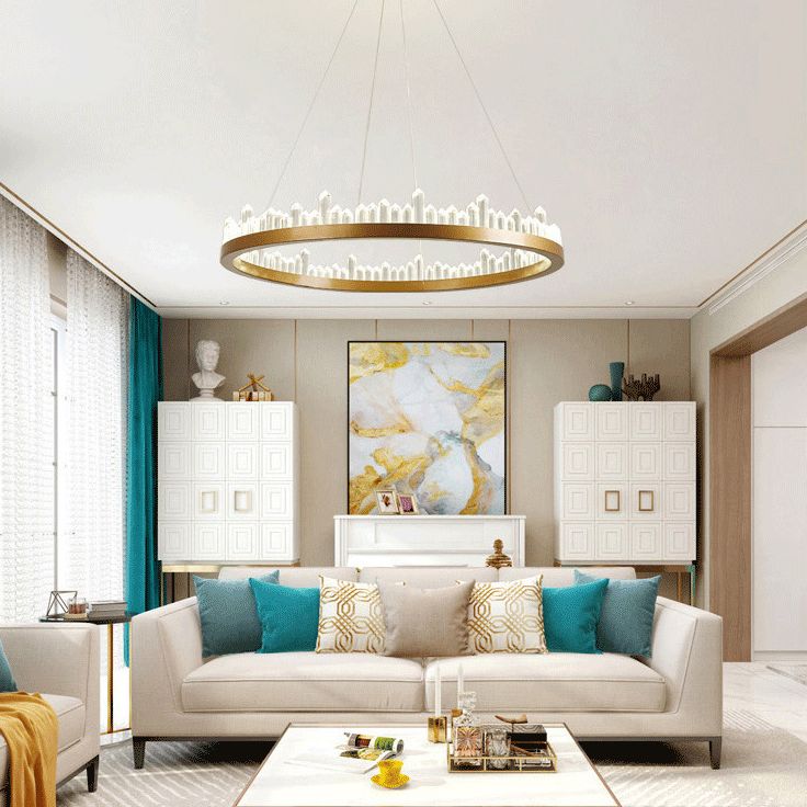 Postmodern Simplicity Circular Ceiling Chandelier Crystal Hanging Light with Hanging Cord for Living Room