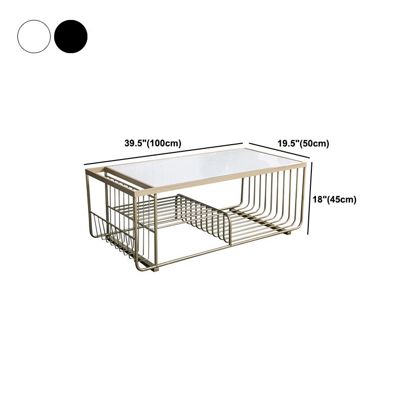 Rectangle Cocktail Table with 3 Iron Shelves and Marble Top Coffee Table