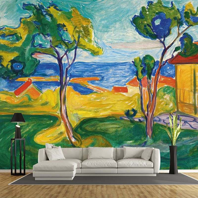 Autumn Coastal Cabin Wall Mural Modern Art Non-Woven Cloth Wall Decor in Blue-Yellow-Green