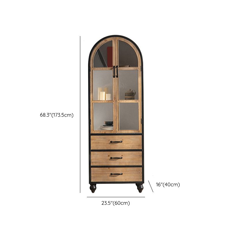 Traditional Pine Curio Cabinet Glass Doors Display Stand with Doors