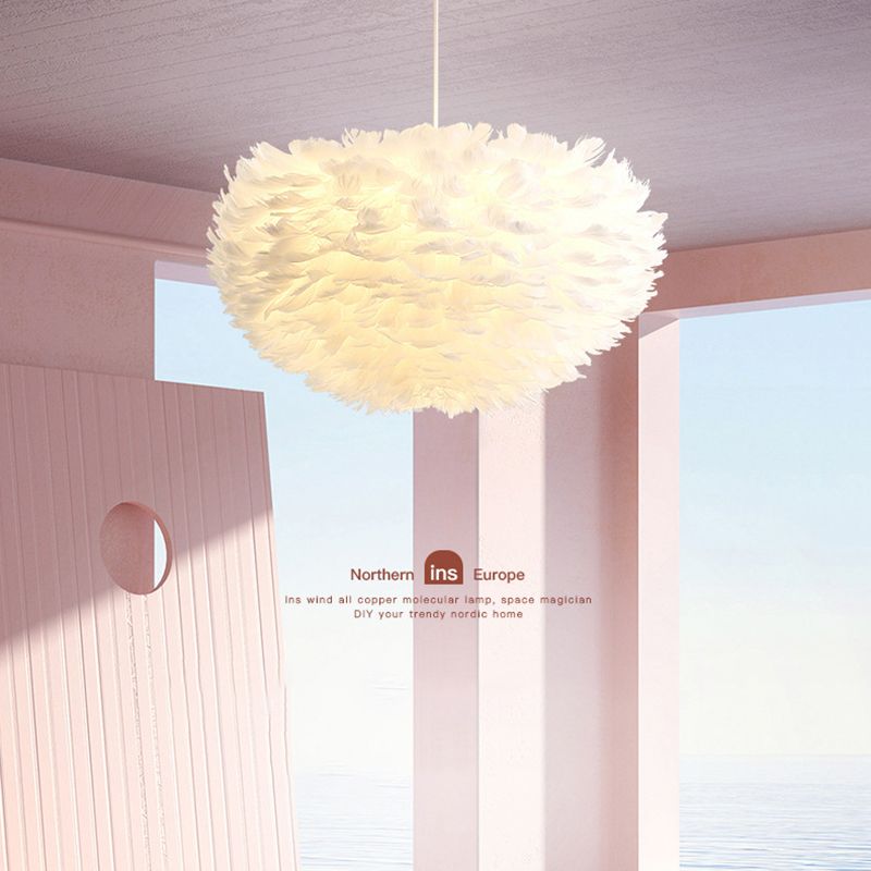 Feather White Hanging Lamp in Modern Style Round Shaped Indoor Pendant Light