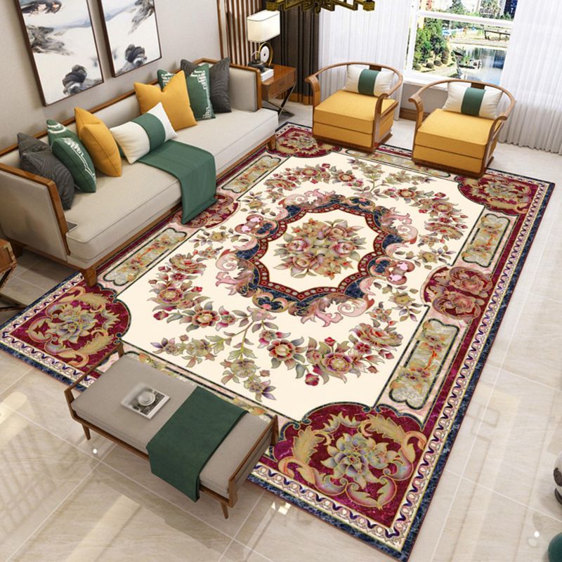 Victoria Floral Pattern Rug White Polyster Carpet Washable Area Carpet for Living Room