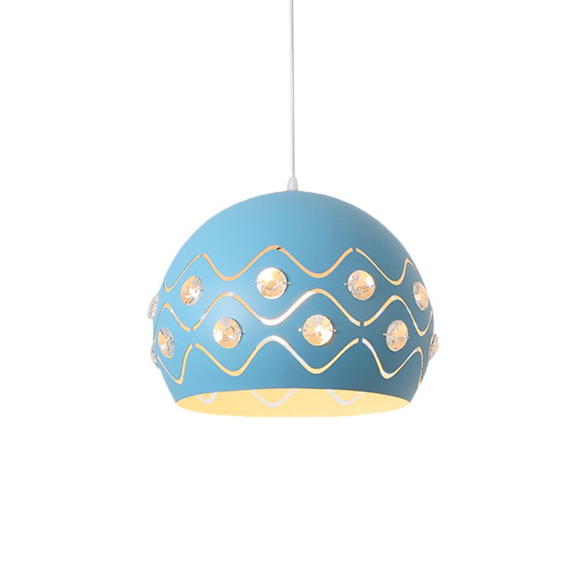 Cutouts Dome Shade Drop Pendant Macaron Iron 1-Light Pink/Blue/Green Suspension Lamp with Embedded Crystal Decor