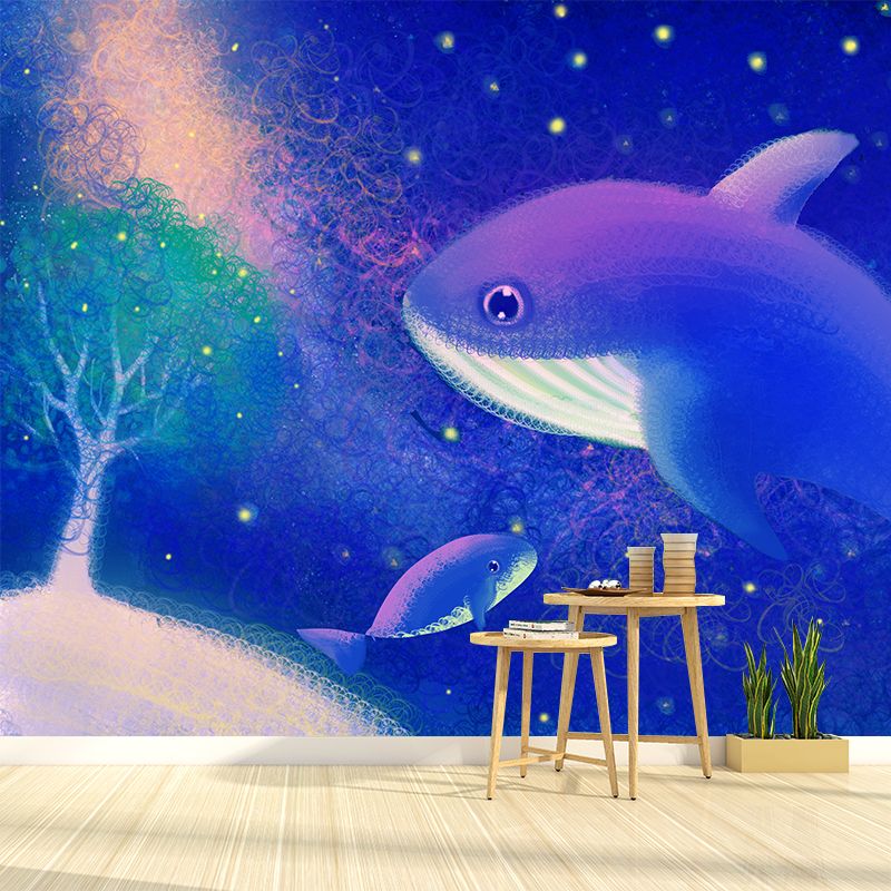 Blue-Purple Whales Wall Mural Starry Night Childrens Art Waterproof Wall Covering