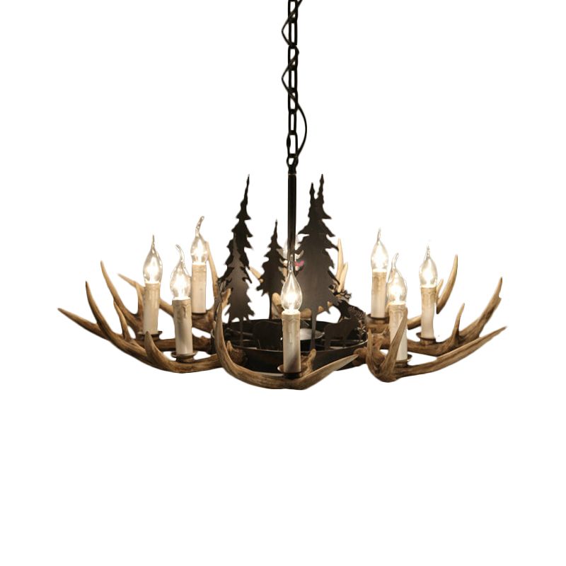 8-Bulb Resin Chandelier Lighting Rustic Light Brown Deer Antler Indoor Suspension Light with Pine Tree Accent