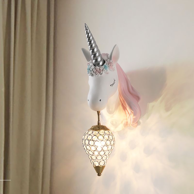 Blue/Pink Teardrop Wall Light Sconce Cartoon 1 Head Crystal Wall Mount Lamp with Unicorn Backplate, Right/Left