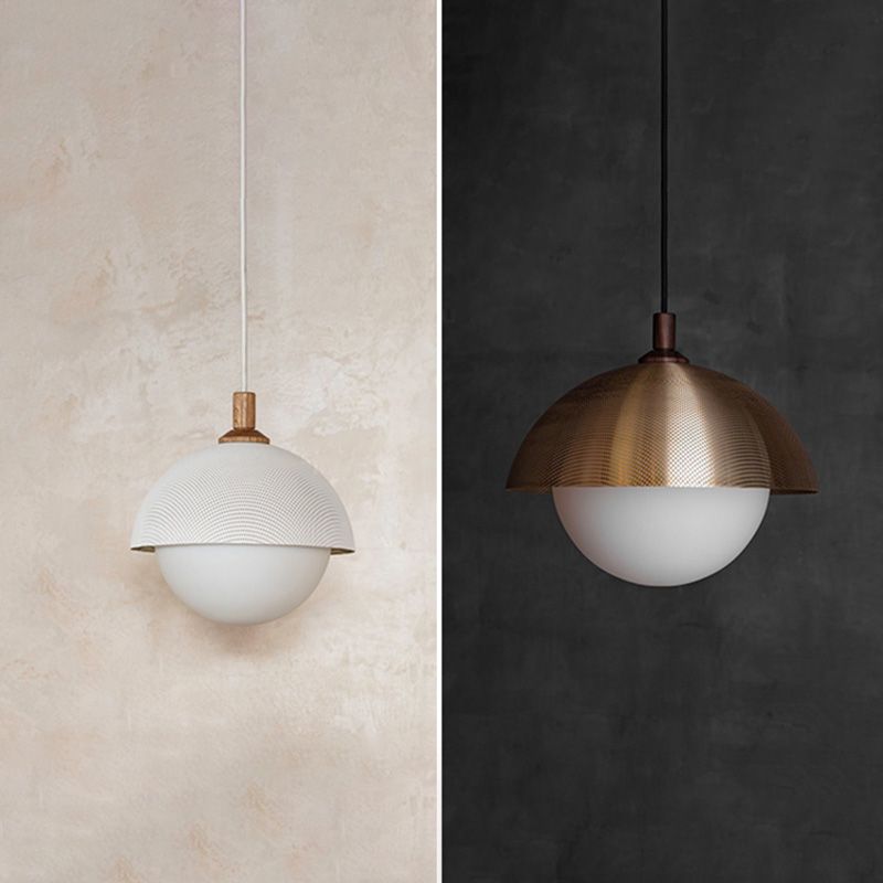 Globe Suspension Lamp Modern 1-Light Walnut Wood Hanging Light Fixture with Glass Shade