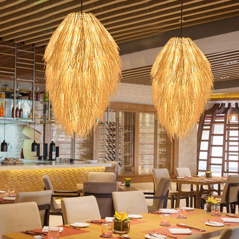 Bamboo Teardrop Pendant Lighting Contemporary 1 Light Hanging Light Fixture in Beige