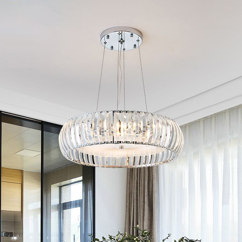 Simplicity LED Down Lighting Chrome Doughnut Hanging Chandelier with Crystal Prisms Shade