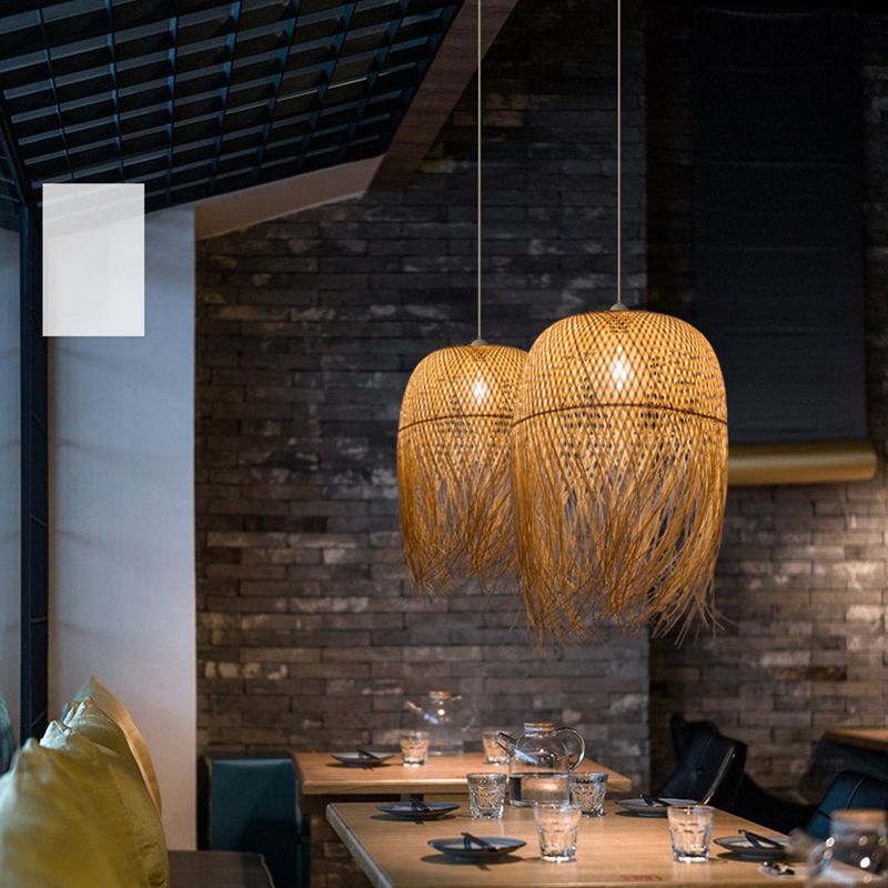 Beige Hand-Woven Pendant Asia Art Deco 1 Bulb Bamboo Hanging Light for Dining Table