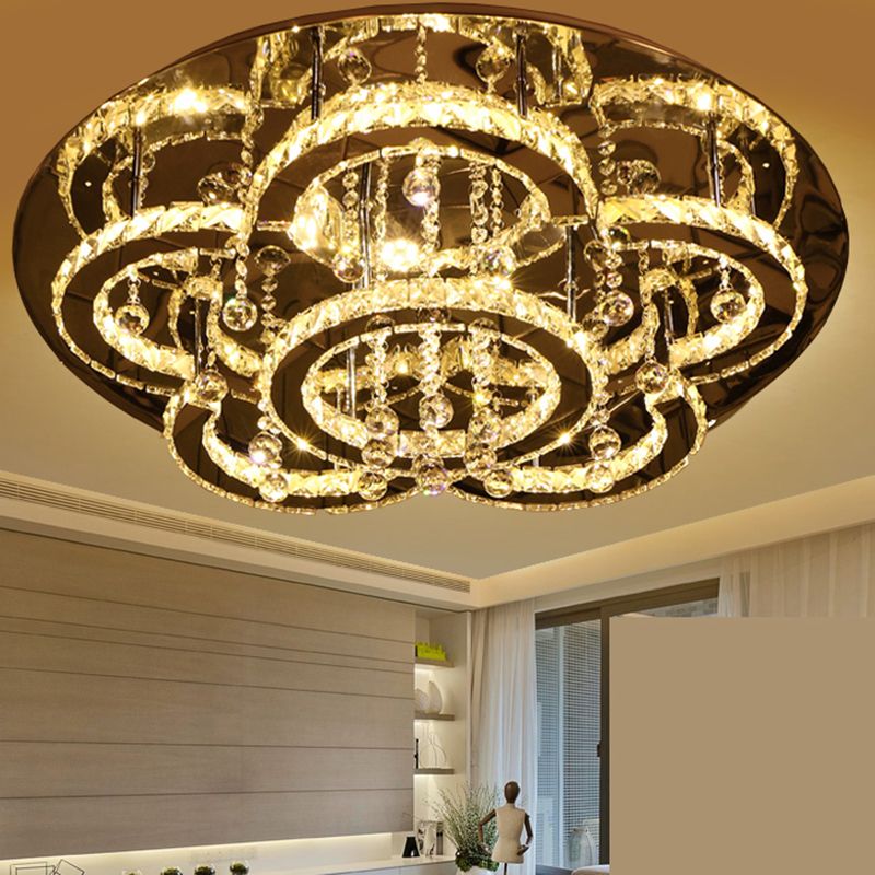 Lámpara de techo LED redonda con incrustaciones de cristal, lámpara semi empotrada de acero inoxidable de estilo moderno