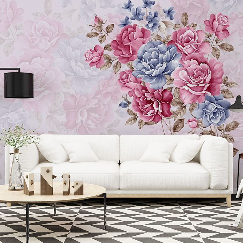 Full Size Wall Covering for Living Room Cluster Flower Mural in Pink and Blue, Moisture-Resistant