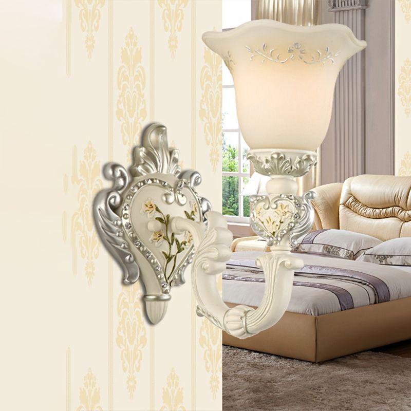 1/2-Head Ivory Glass Wall Sconce Traditional White Bell Shaped Bedroom Wall Light Kit
