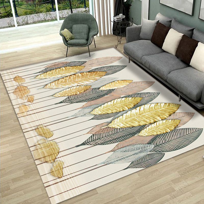 Gray Casual Rug Polyester Leaves Rug Stain Resistant Rug for Lving Room