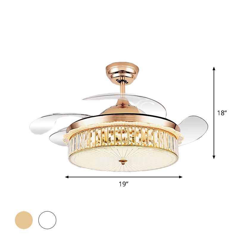 Trommelanhänger Lüfter Lampenlampenminimalist Kristall Rechteck Silber/Gold 19 "Breite LED Semi Flush mit 4-Blade