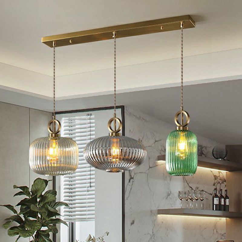 Pendante a sospensione multi-luce a forma geometrica moderna vetro a costola 3 lampadine in ottone sospensione lampada