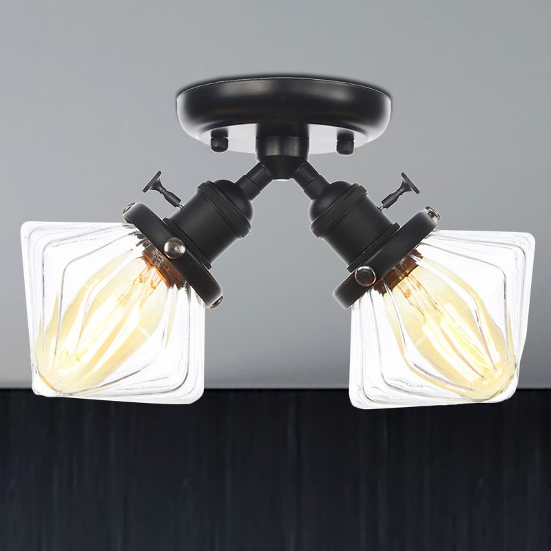 Diamond Amber/Clear Glass Semi Mount Lighting Farmhouse 2 Lights Black/Bronze Semi Flush Light Fixture for Restaurant