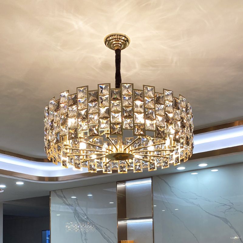 Black Drum Shaped Chandelier Pendant Minimalist Crystal Rectangle Suspension Light for Living Room