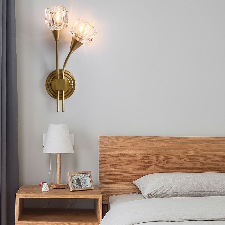 2-Light Gold Wall Lamp in Modern Luxury Style Copper Wall Sconce with Crystal Shade