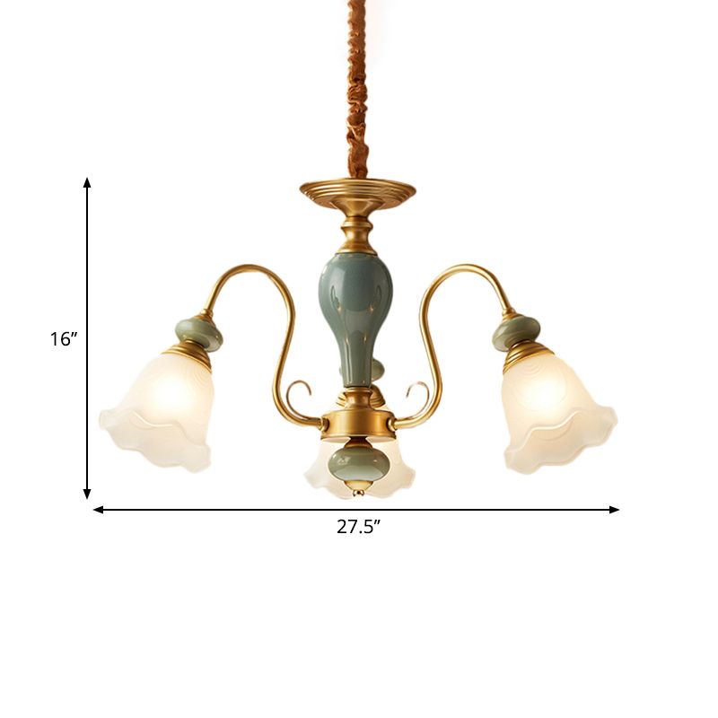 Green Flower Shaped Pendulum Light Rural Frosted Glass 3/5/6 Bulbs Guest Room Chandelier Lighting Fixture