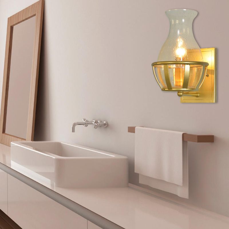 1 Light Vase Sconce Light Fixture Industrial Gold Seeded Glass Wall Lamp for Bathroom