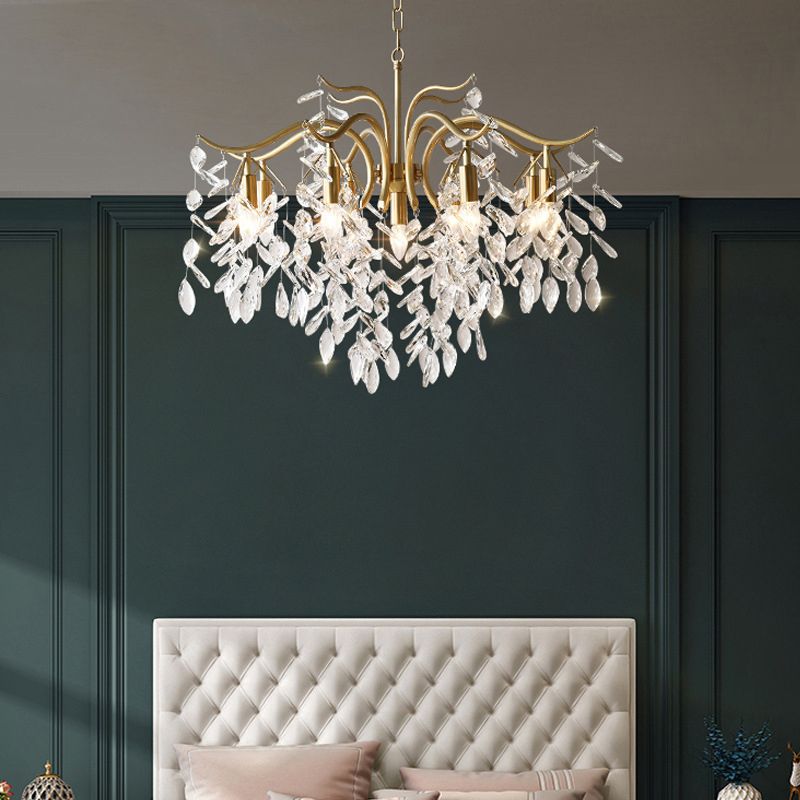 Gold Branches Suspended Lighting Fixture Rustic Crystal Living Room Chandelier Pendant Light