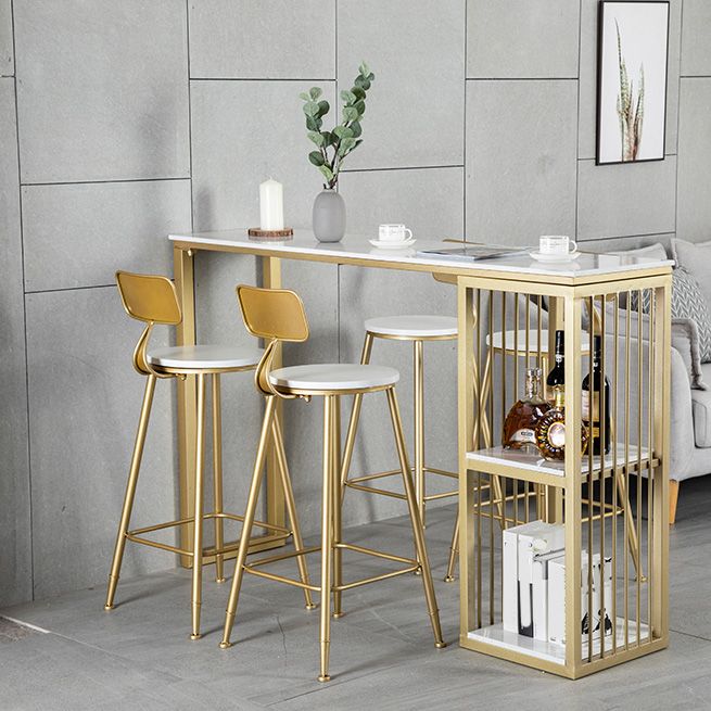 White Rectangle Faux Marble Top Bar Table Industrial Double Pedestal with Shelves