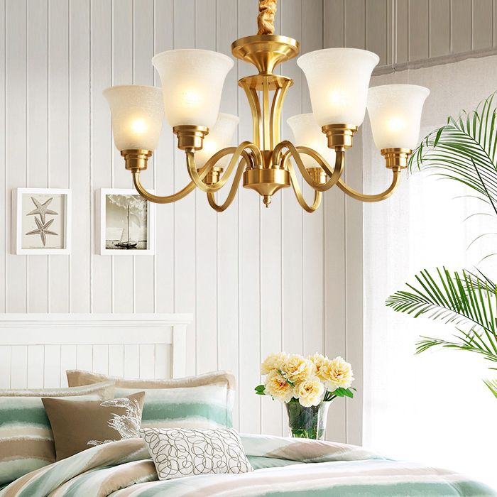 Traditional Brass Chandelier Light Multi-Head Suspension Light with White Glass Shade