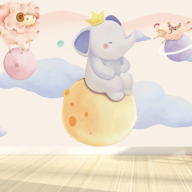 Yellow Cartoon Wallpaper Mural Full Size Floating Animals Wall Decor for Bedroom