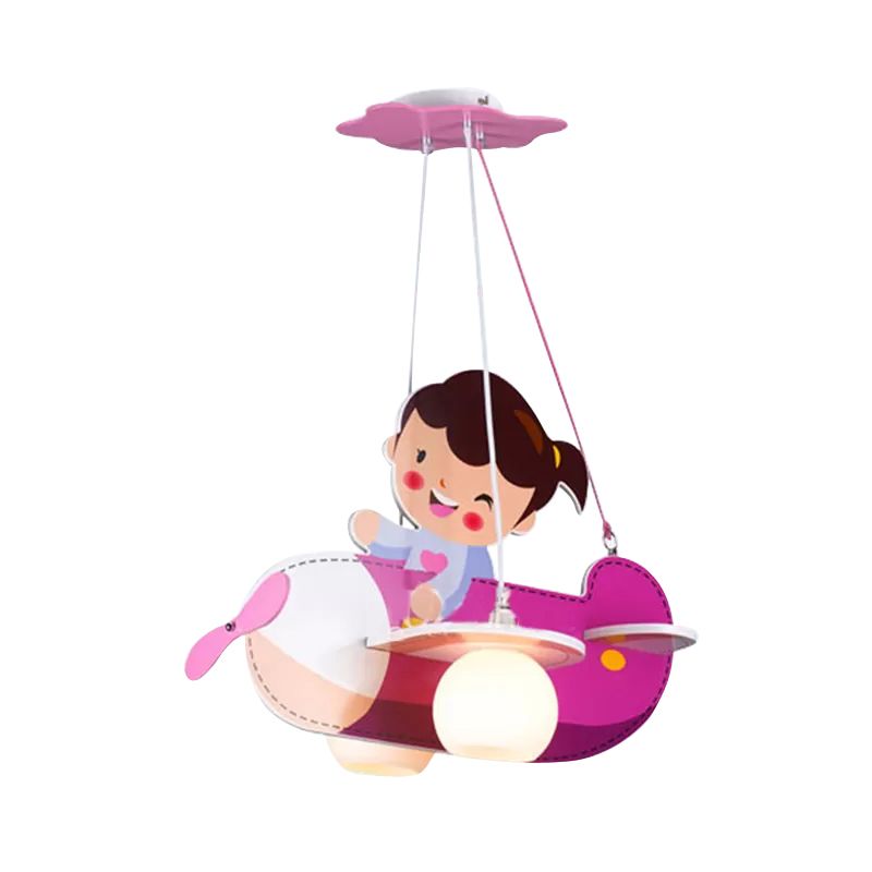 Pink Airplane Hanging Light with Little Girl 2 Lights Cartoon Wood Chandelier for Kids Bedroom