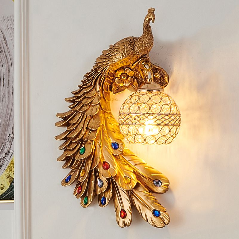 Peacock -vormige corridor wandlicht boerderij hars 1 lamp wand sconce met hemisfeer kristal schaduw