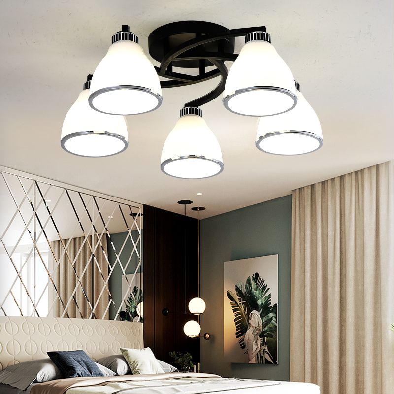 Modern Bell Shaped Flush Lamp White Glass Living Room Semi Flush Ceiling Light in Black