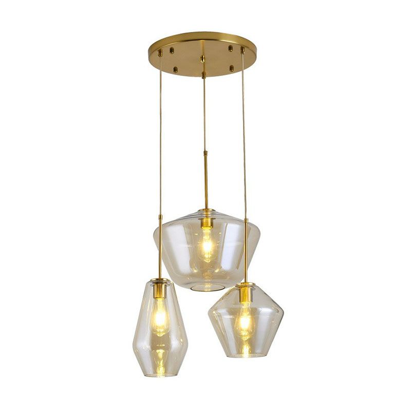 Gemstone Glass Hanging Light Fixture Postmodern 3-Head Brass Finish Cluster Pendant Light