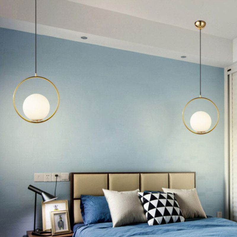 White Glass Spherical Hanging Lamp Post-Modern 1 Head Pendant Light with Metal Ring in Brass