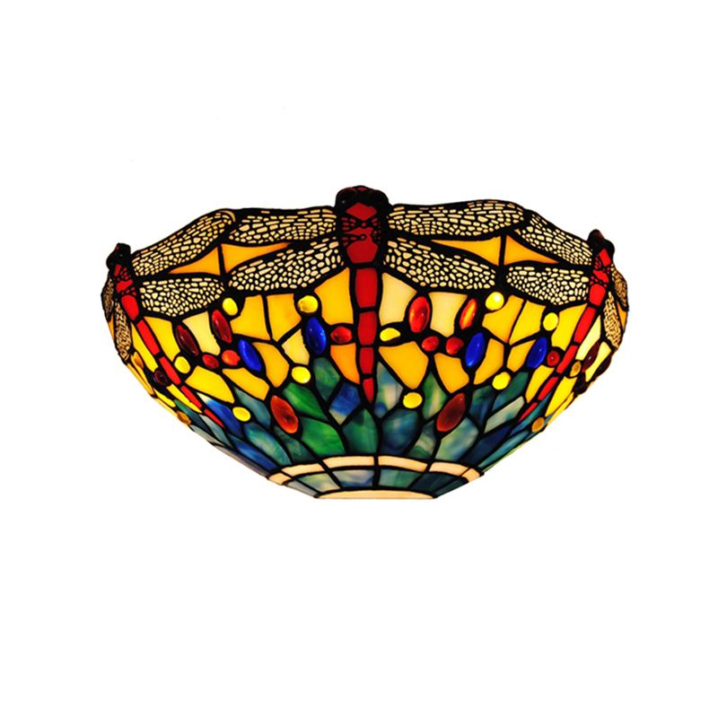 Dragonfly Sconce Lighting Rustic Lodge Stained Glass 1 Light Wall Mount Lighting in Yellow and Green