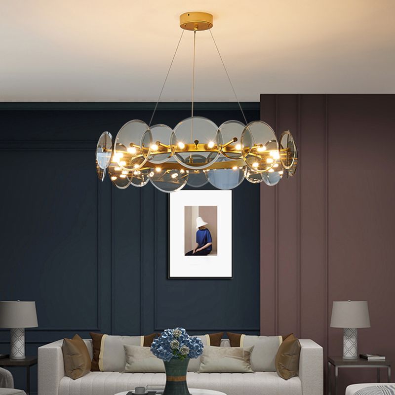 Gold Circle Chandelier Modern Multi Light Hanging Light with Glass for Bedroom