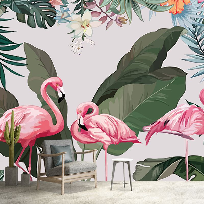 Tropical Flamingo Wall Murals Pink and Green Plants Wall Covering for Bedroom Decor