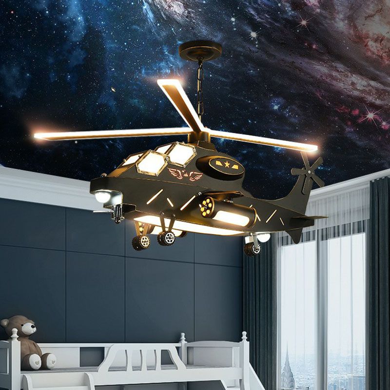 Black Helicopter LED Ceiling Lighting Childrens Metallic Chandelier Light Fixture for Bedroom