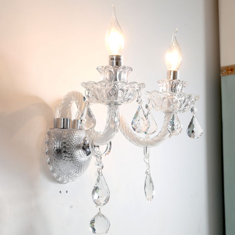 2 Bulbs Wall Lighting Contemporary Candelabra Clear Faceted Crystals Wall Sconce with Droplets
