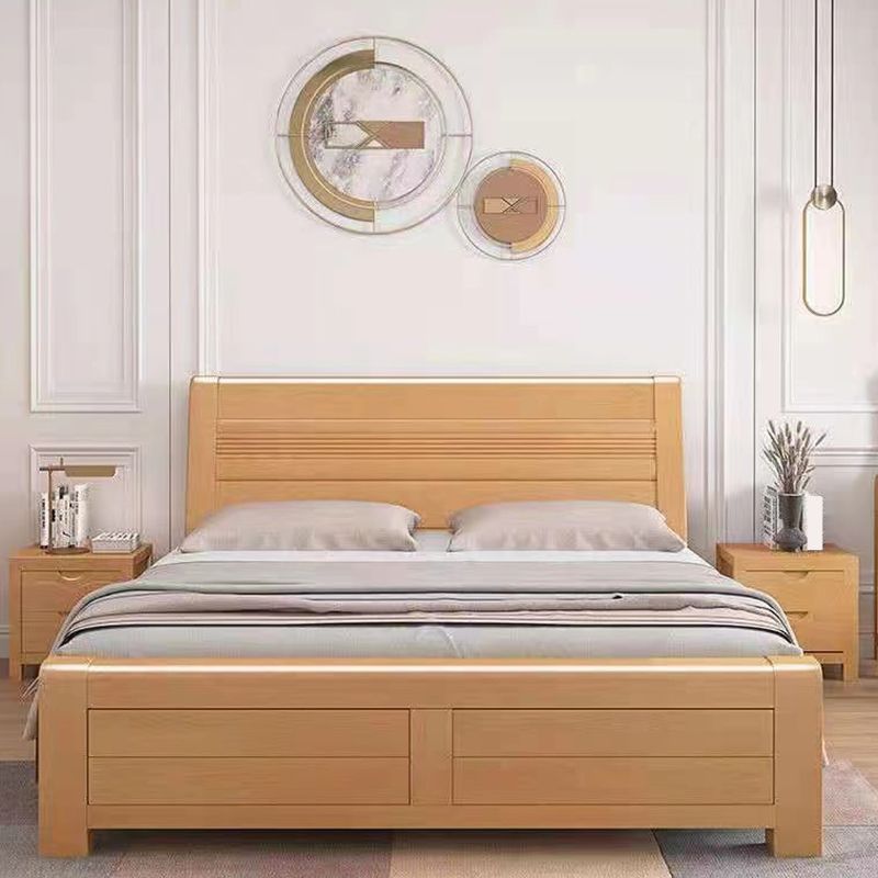 Scandinavian Natural Wooden Sleigh Bed with Rectangular Headboard