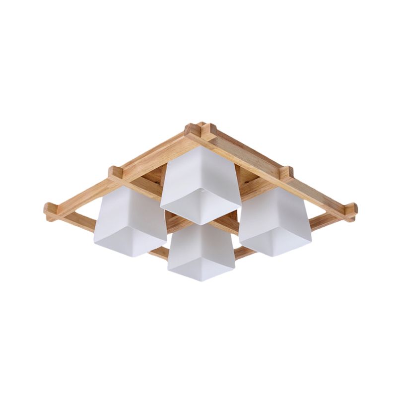 White Glass Trapezoid Flush Light Japanese 4/6-Bulb Ceiling Mounted Fixture with Wood Grid Frame