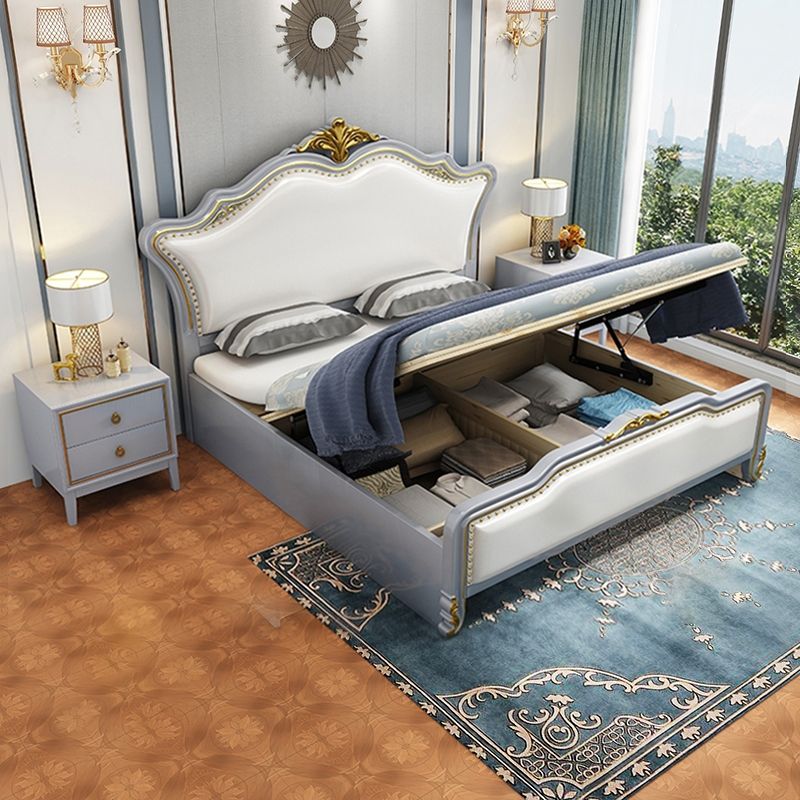 84.65 inch Wide Victorian Bed Pine Wood Bed Frame with Upholstered Headboard