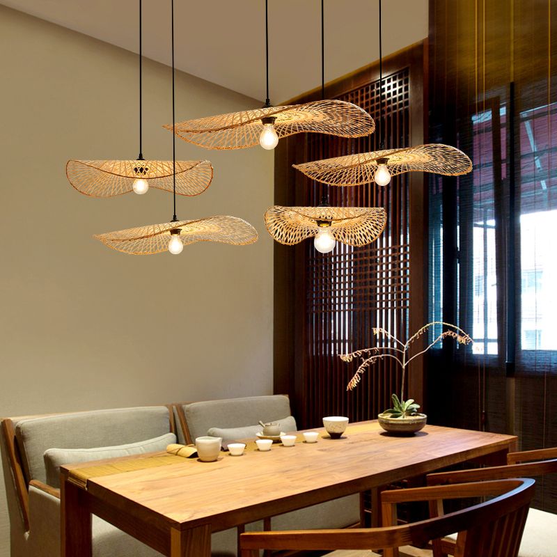 Wood Lotus Leaf Ceiling Light Modern Single Bamboo Hanging Pendant Light for Restaurant