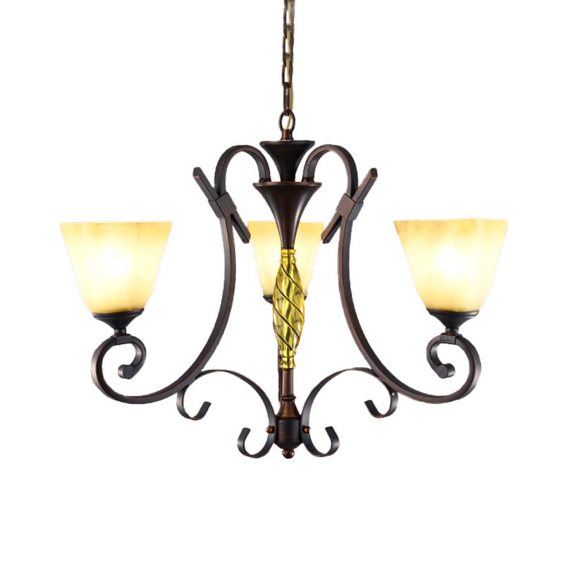 Opal Glass Bell Suspension Lighting Vintage 3-Light woonkamer Kroonluchter met gebladerde arm in brons