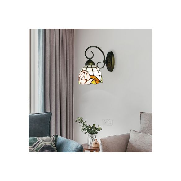 1 Head Sconce Light Victorian Dome Stained Glass Wall Light Fixture with Pink Rose Pattern