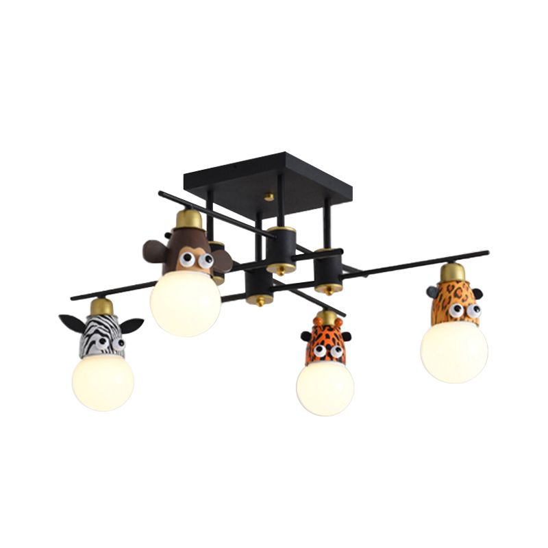 Kids Animal Metal Chandelier Lamp 4 Lights Pendant Lighting Fixture in Black for Nursery